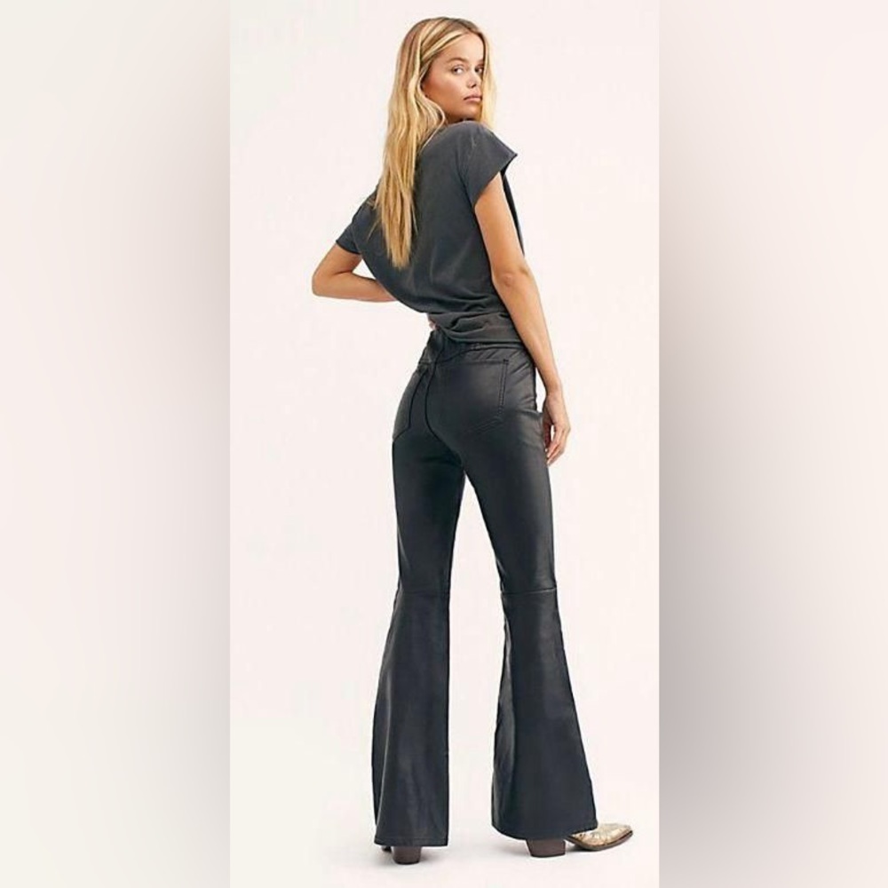 Free People Black Wide Flare Vegan Faux Leather Punk Gothic Pants Size 25 - Picture 1 of 8